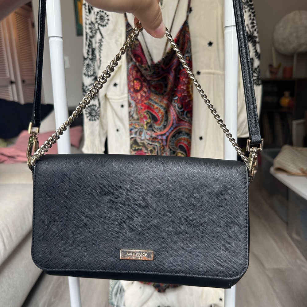 Black Leather Kate Spade Crossbody or adjustable chain shoulder bag